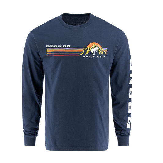 A navy blue long-sleeved men's T-shirt with 'BRONCO Built Wild' text and graphics on the front.