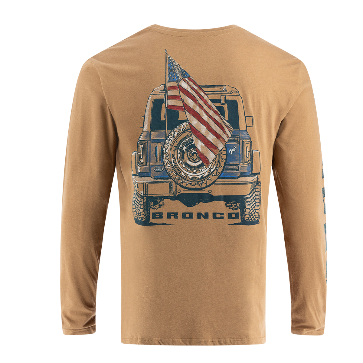 A beige long-sleeved men's T-shirt with a graphic print of a Ford Bronco vehicle and an American flag.