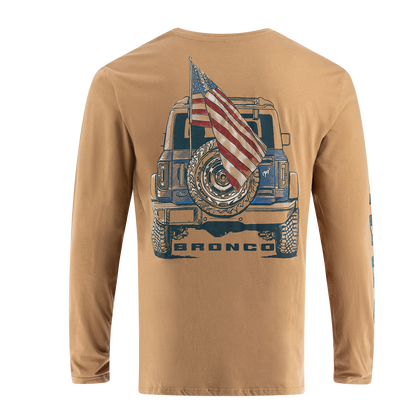 A beige long-sleeved men's T-shirt with a graphic print of a Ford Bronco vehicle and an American flag.