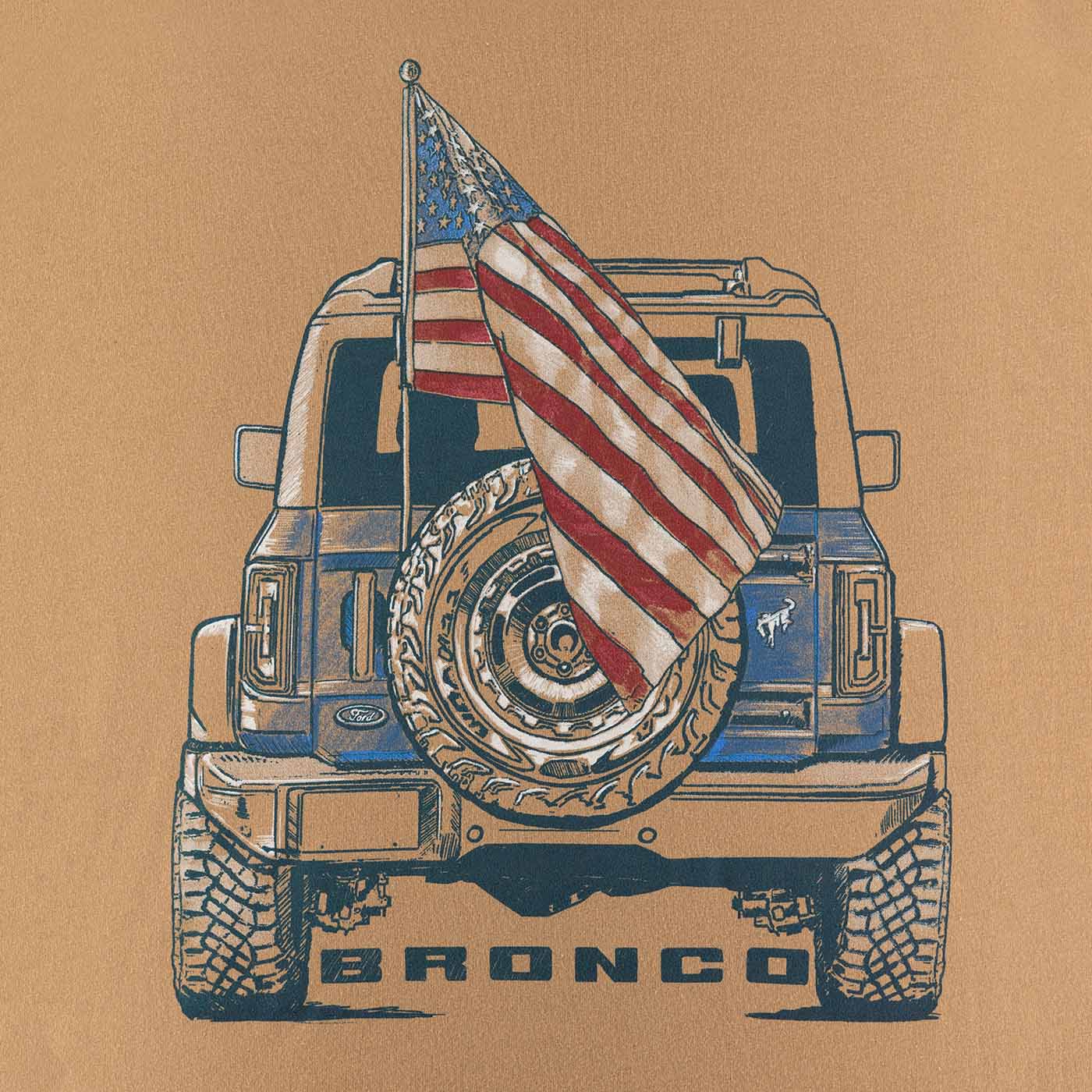 Illustration of a Ford Bronco with an American flag on a brown background