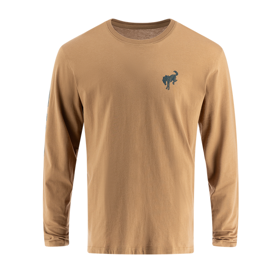 Brown long-sleeve shirt with a logo on a white background