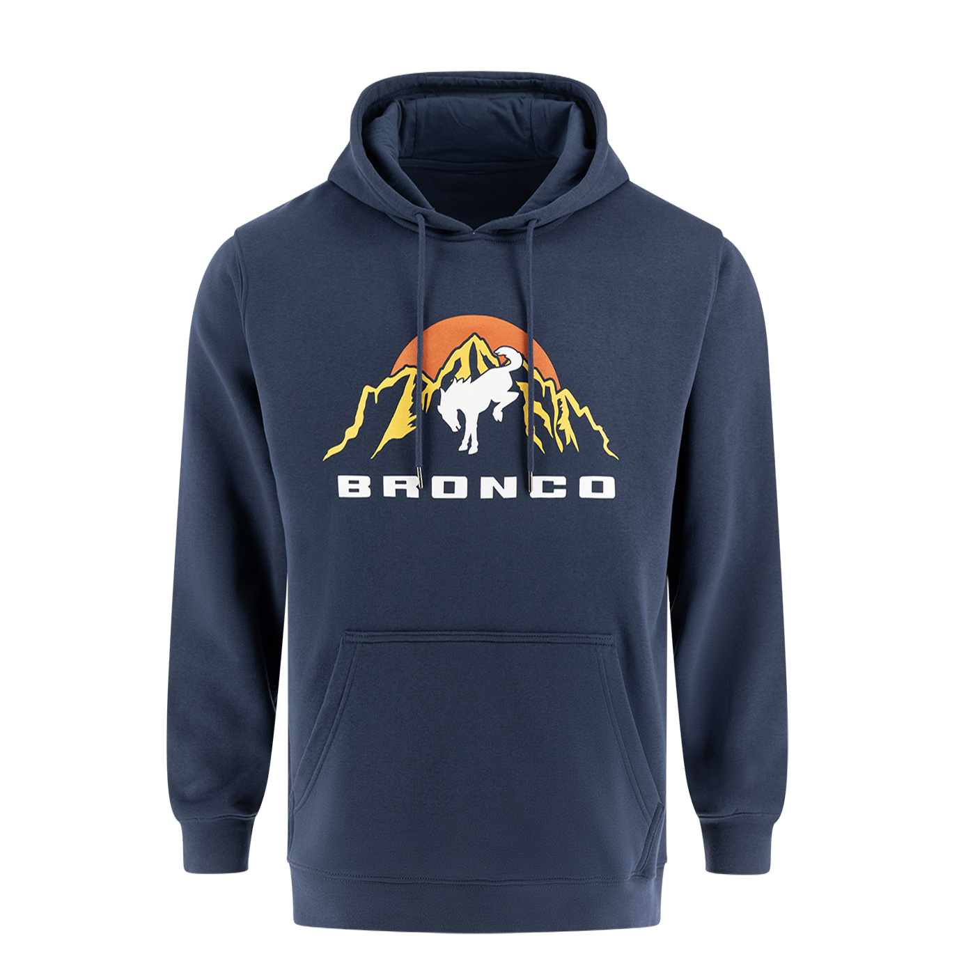 A navy blue hooded pullover sweatshirt with a graphic print of the Ford Bronco logo against a mountain range.