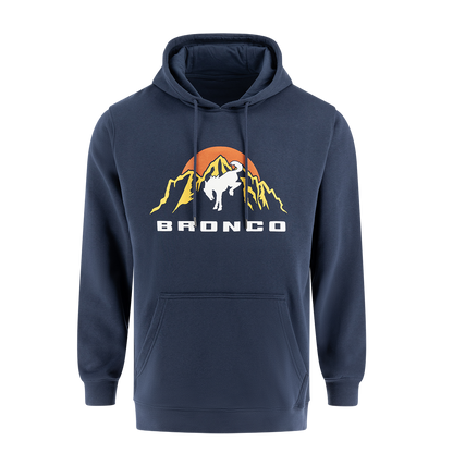 A navy blue hooded pullover sweatshirt with a graphic print of the Ford Bronco logo against a mountain range.