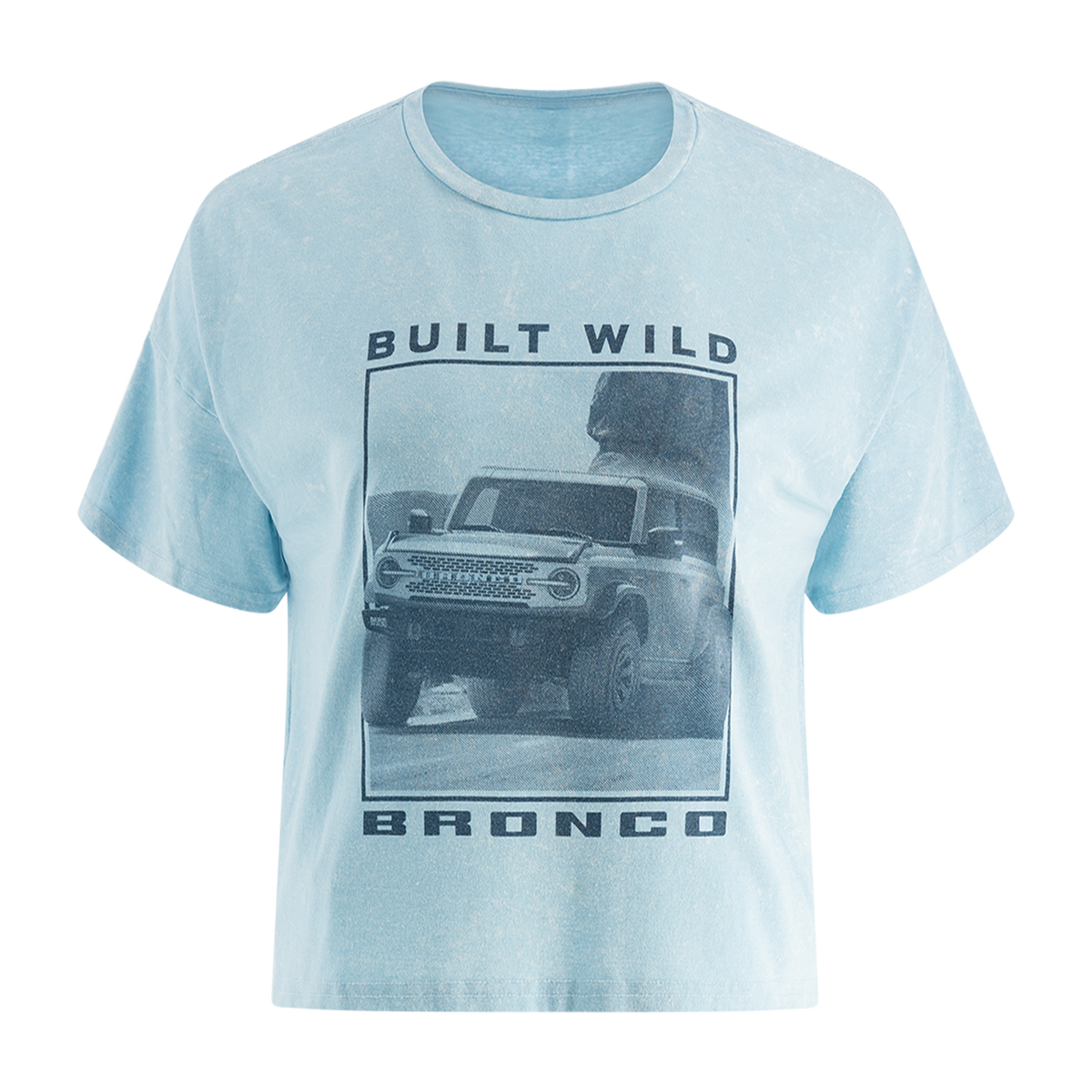 A blue women's t-shirt with a graphic print of a Ford Bronco and the text 'BUILT WILD BRONCO'. The shirt is displayed on a white background.