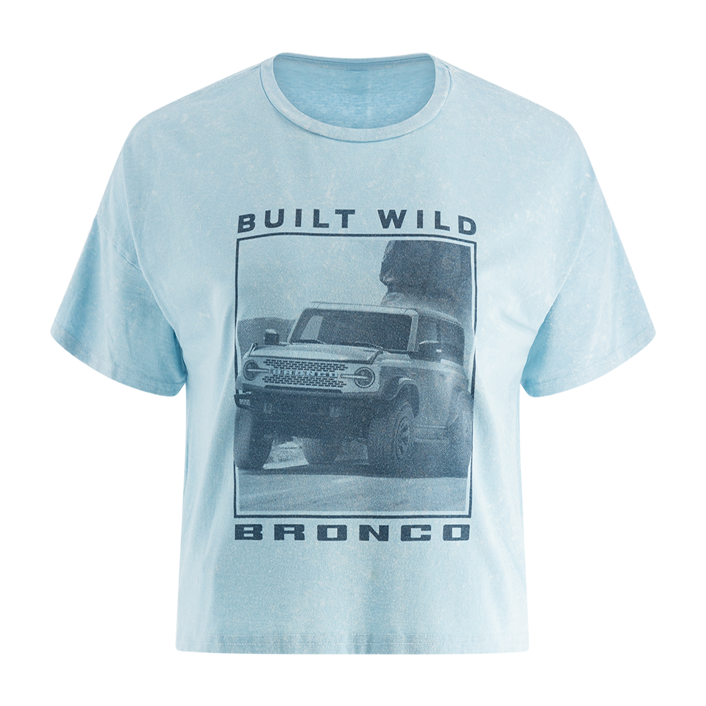 A blue women's t-shirt with a graphic print of a Ford Bronco and the text 'BUILT WILD BRONCO'. The shirt is displayed on a white background.
