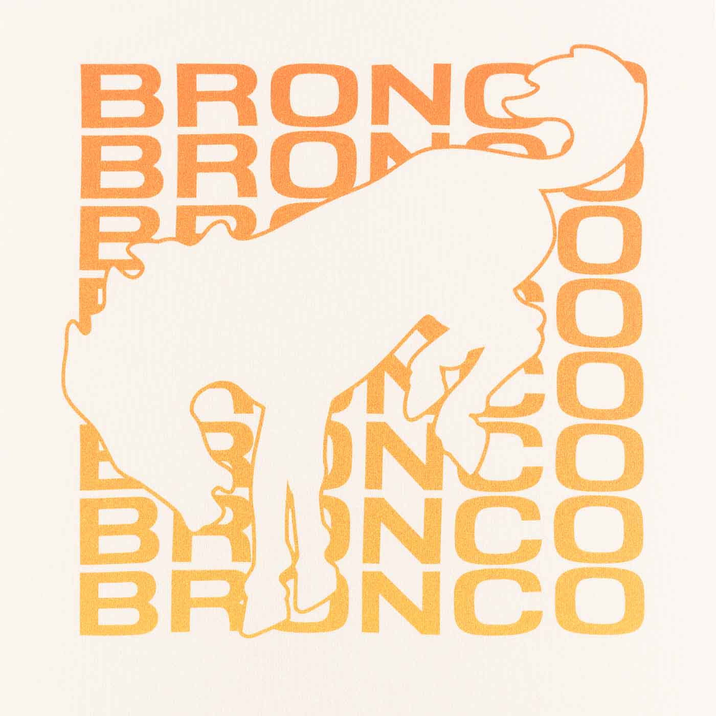 ombre orange stacked bronco text with bronco silhouette on cream background
