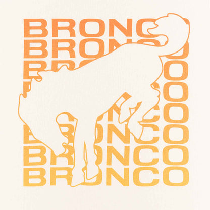 ombre orange stacked bronco text with bronco silhouette on cream background