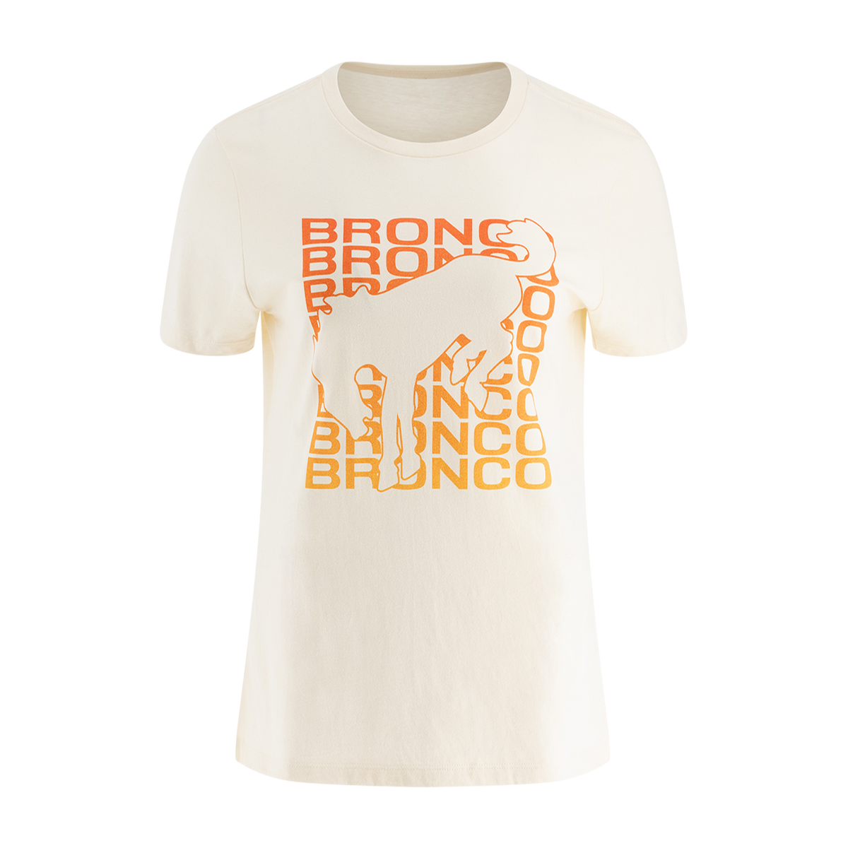 A white women's t-shirt with the 'Bronco' text and logo repeated in an orange color pattern.