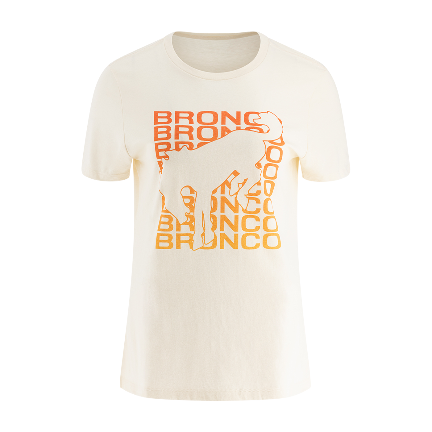 A white women's t-shirt with the 'Bronco' text and logo repeated in an orange color pattern.