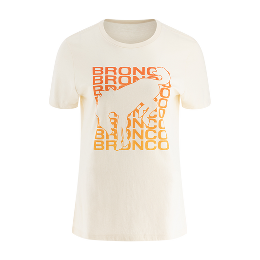 A white women's t-shirt with the 'Bronco' text and logo repeated in an orange color pattern.