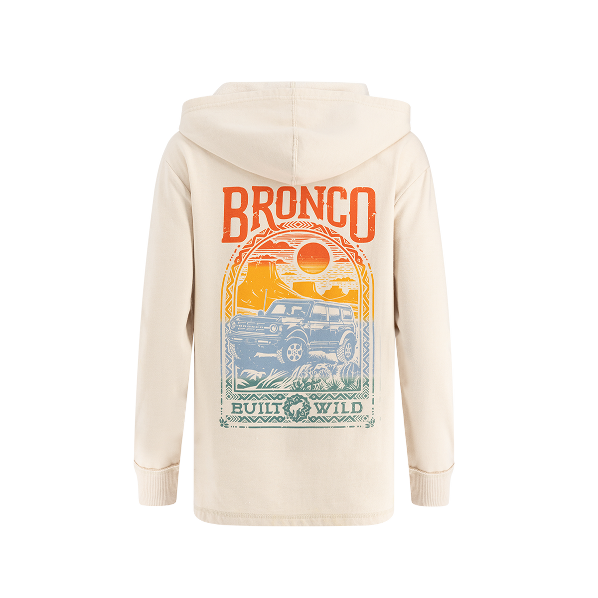 back of cream women's hoodie with multicolor ombre desert scene built wild graphic