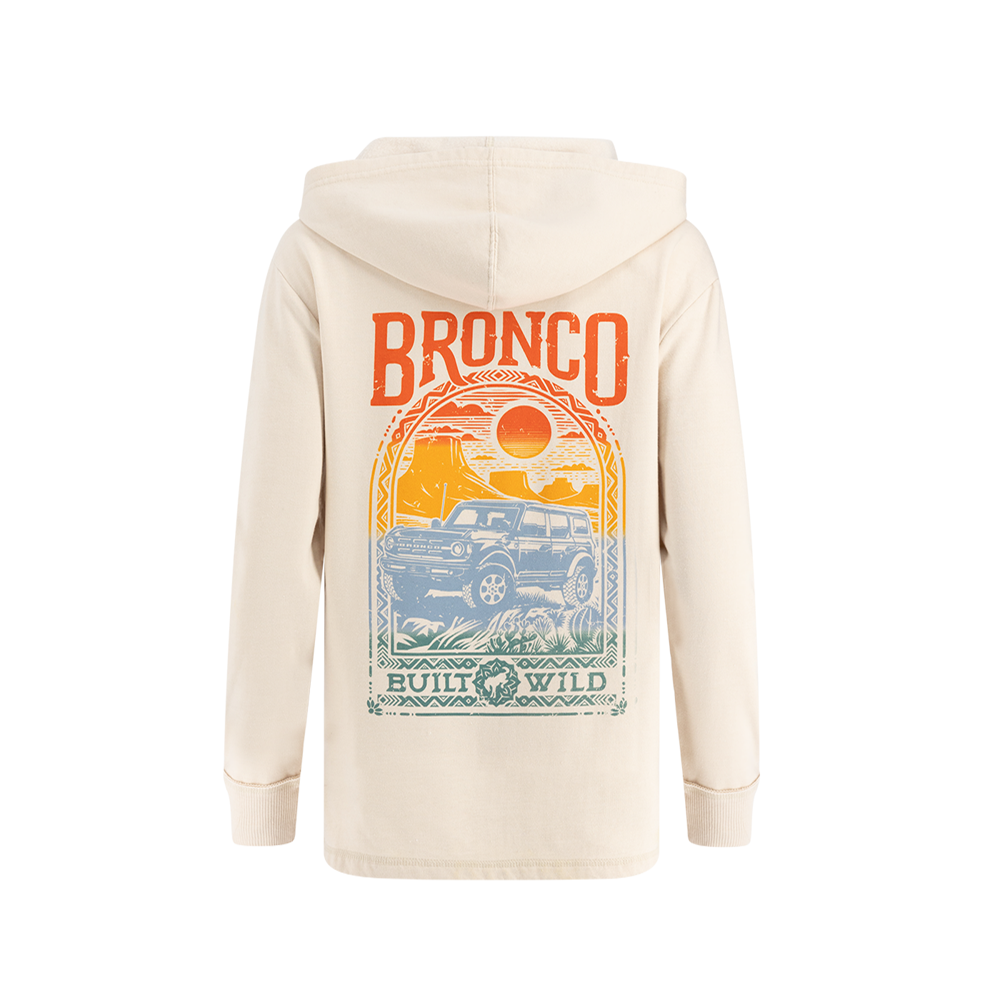 back of cream women's hoodie with multicolor ombre desert scene built wild graphic