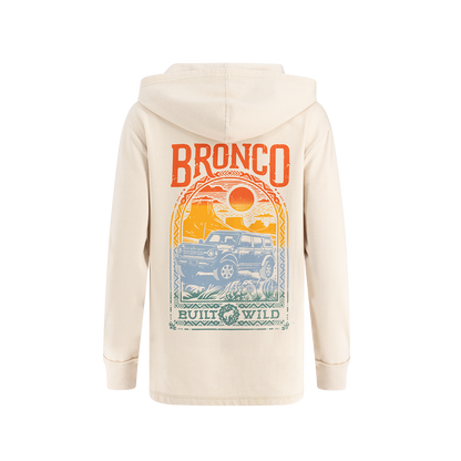 back of cream women's hoodie with multicolor ombre desert scene built wild graphic