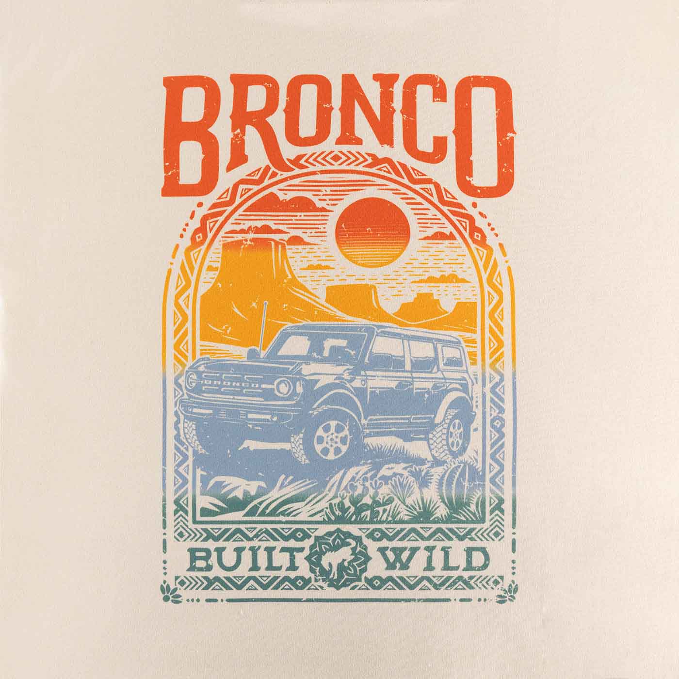 close up of multicolor ombre bronco build wild desert scene on cream background