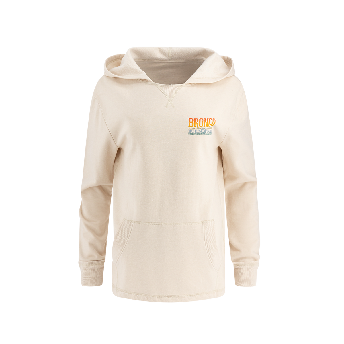 front of cream beach style women's hoodie with bronco built wild ombre multicolor emblem on front left chest