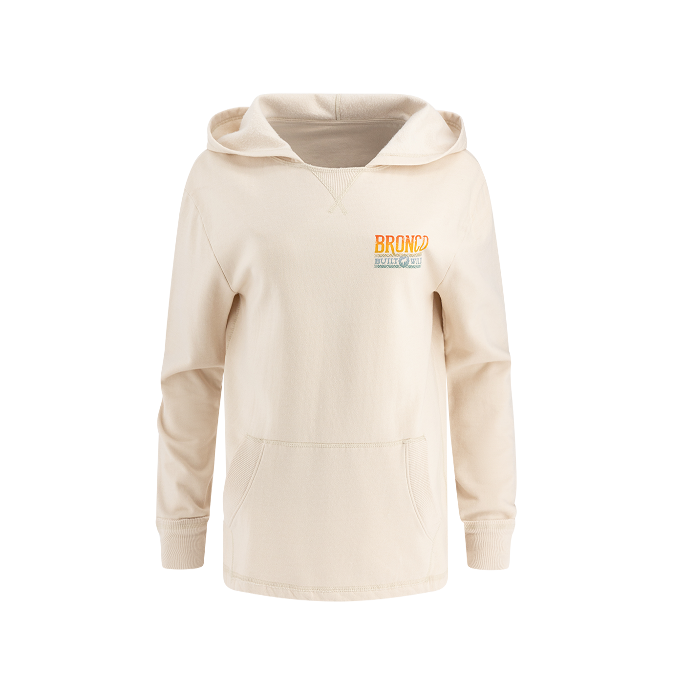 front of cream beach style women's hoodie with bronco built wild ombre multicolor emblem on front left chest