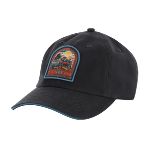 Black cap with a colorful patch bronco built wild on a white background