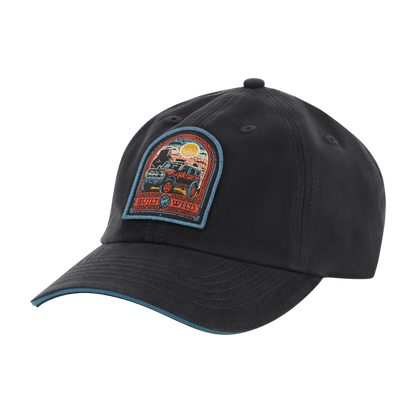 Black cap with a colorful patch bronco built wild on a white background
