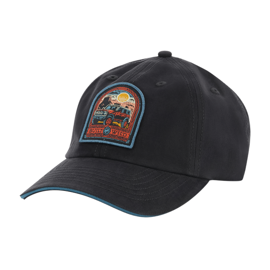 Black cap with a colorful patch bronco built wild on a white background