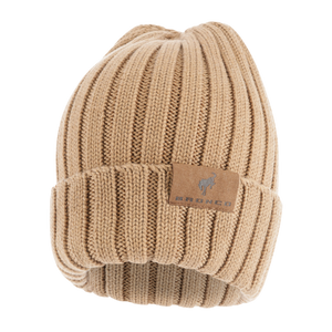 Beige knit beanie with a bronco patch on a white background