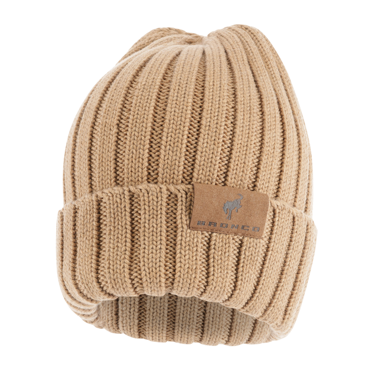 Beige knit beanie with a bronco patch on a white background