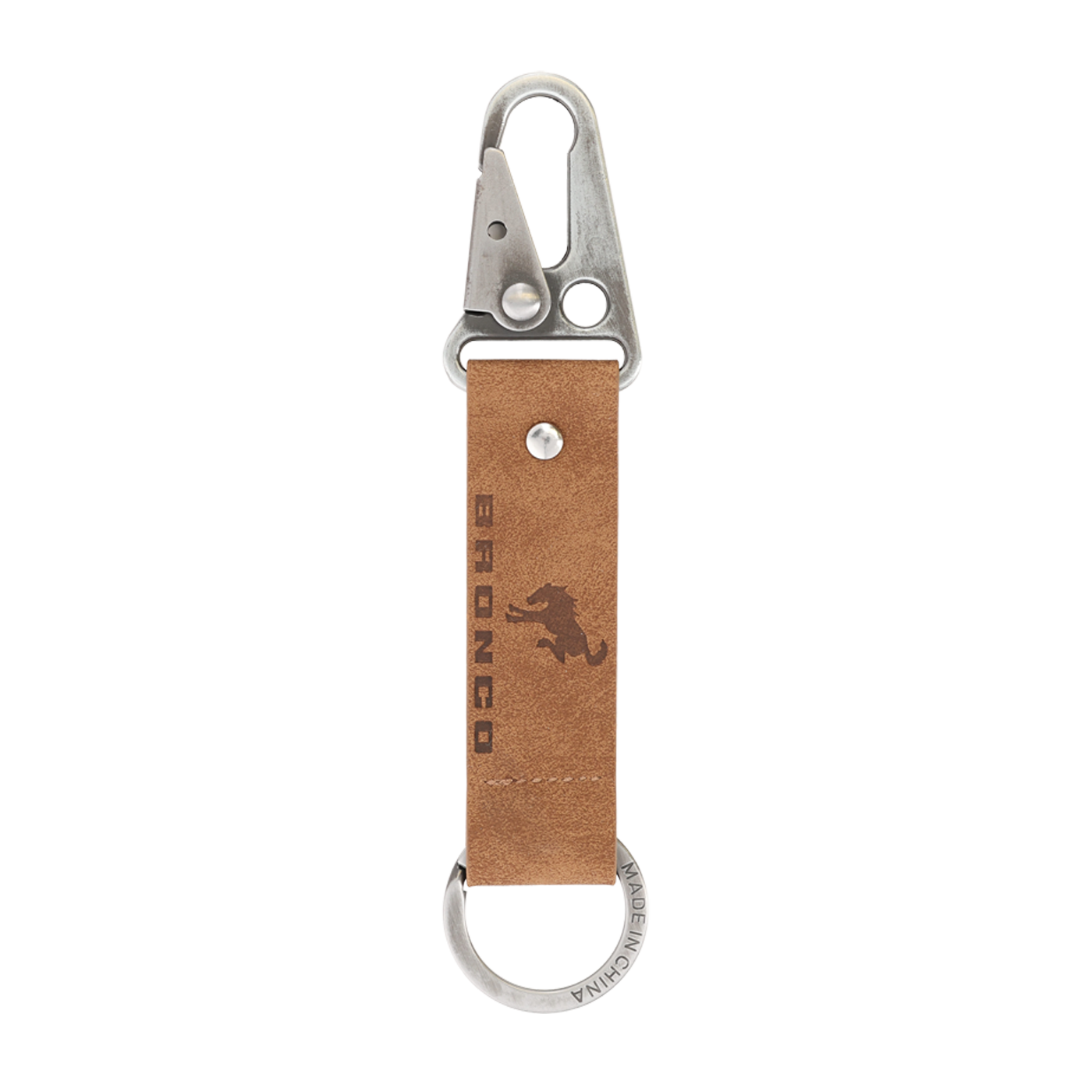 Keychain with brown leather strap and silver carabiner on a white background