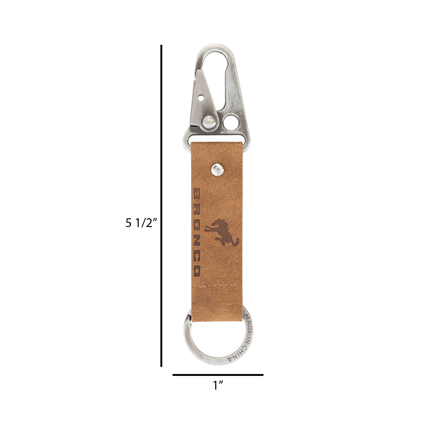 Brown leather keychain with carabiner and 'Bronco' branding, shown with measurements on a white background.