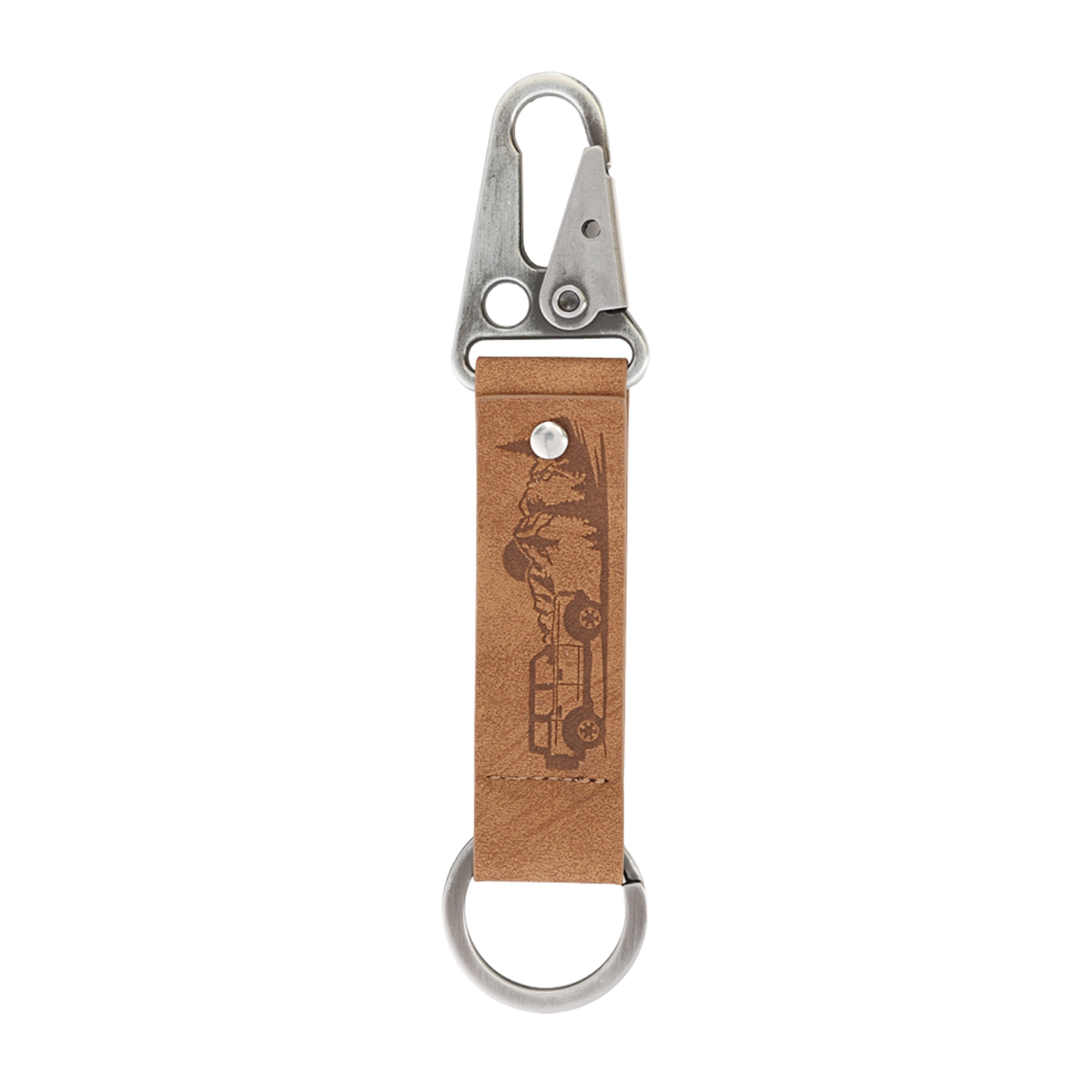 Keychain with brown leather strap and metal clip on a white background