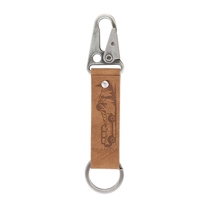 Keychain with brown leather strap and metal clip on a white background