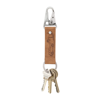 Keychain with leather strap and carabiner on a white background