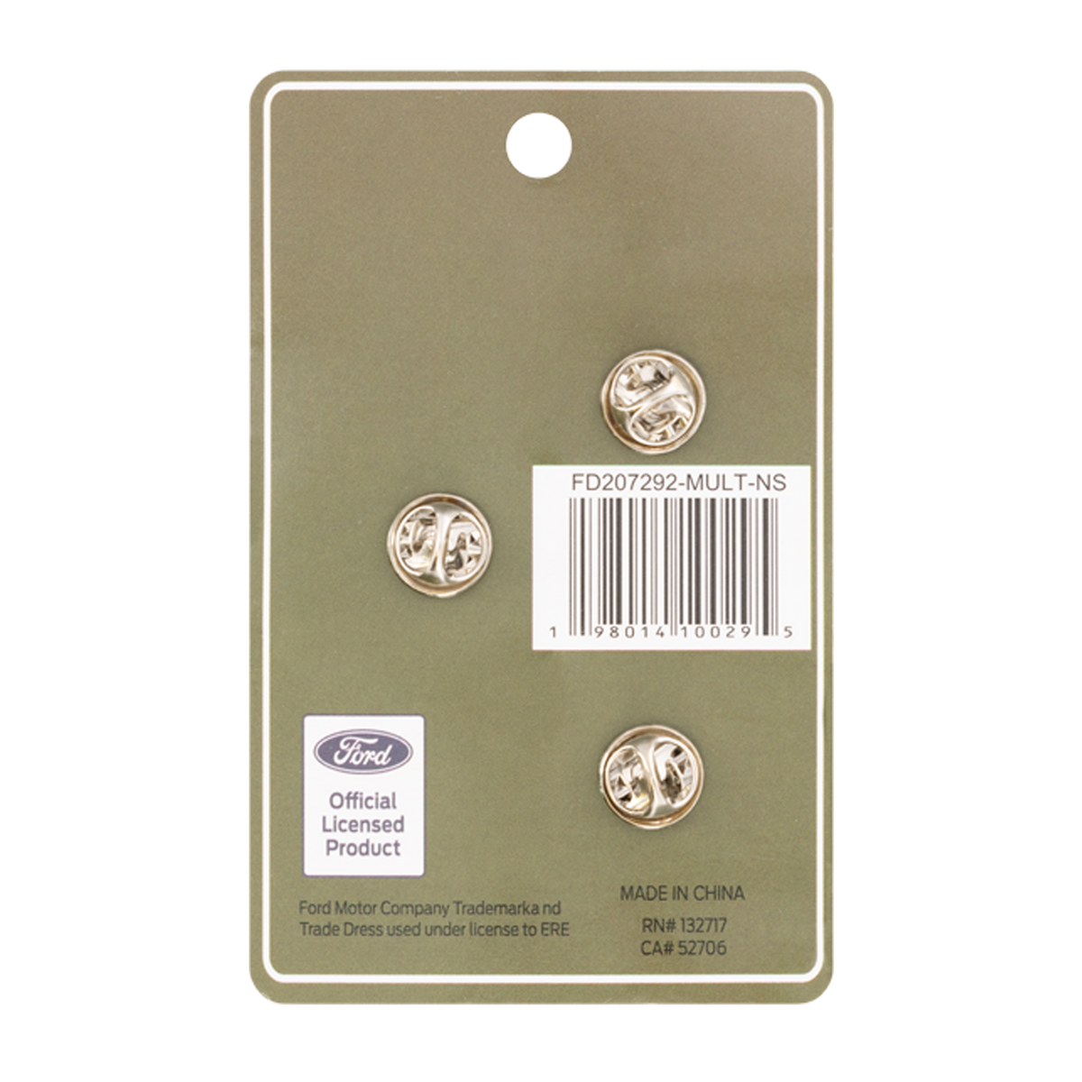 Gold earrings on a Ford branded card with a barcode and product details.
