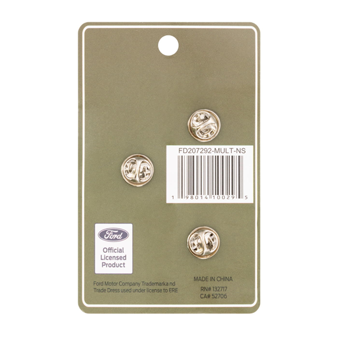 Gold earrings on a Ford branded card with a barcode and product details.