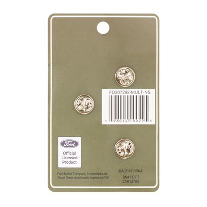 Gold earrings on a Ford branded card with a barcode and product details.