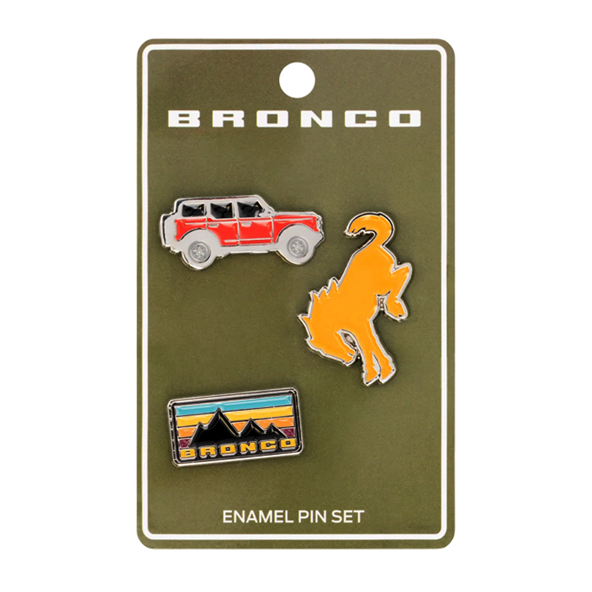Bronco enamel pin set on a green card with a bronco logo.