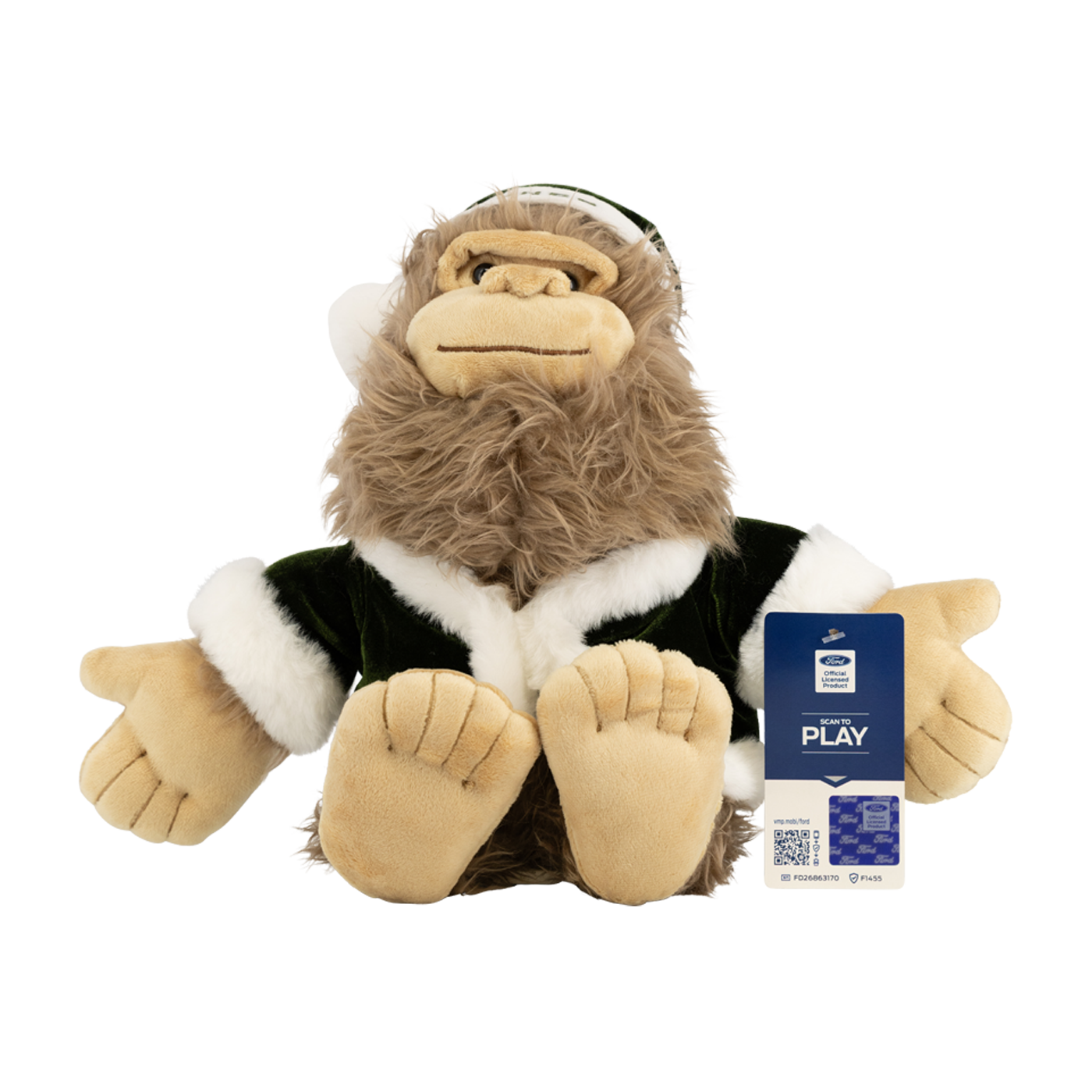 Plush monkey toy with a jacket and a 'Dont Play' card on a white background