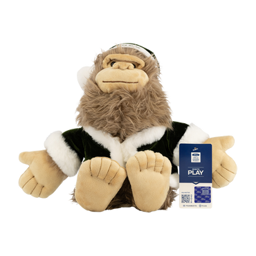 Plush monkey toy with a jacket and a 'Dont Play' card on a white background