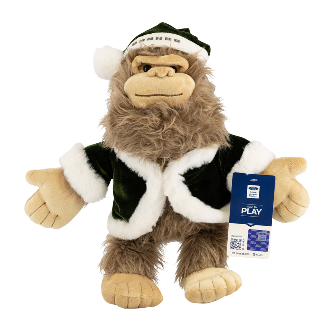 Plush toy resembling a character from a sports team, with a tag on a white background