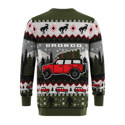 Ugly Christmas sweater with Ford Bronco design on a white background