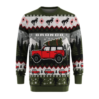 Ugly Christmas sweater with red Bronco SUV design on a white background