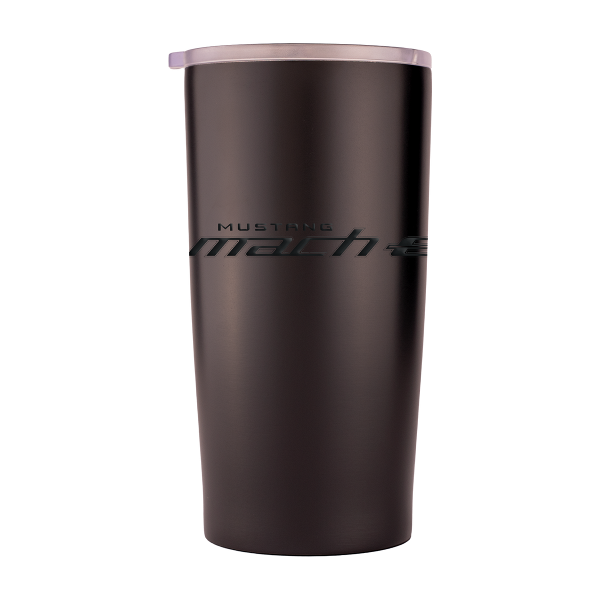 Black tumbler with 'Mustang Mach-E" branding on a white background