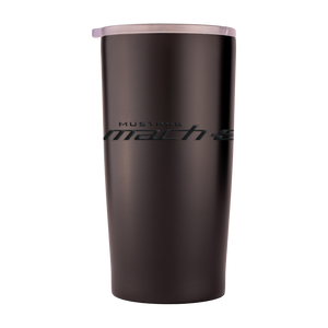 Black tumbler with 'Mustang Mach-E" branding on a white background