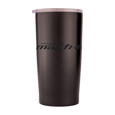 Black tumbler with 'Mustang' branding on a white background