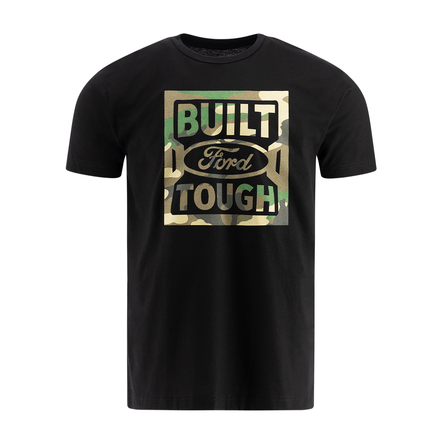 A black Ford Trucks t-shirt with camouflage pattern and the text 'BUILT Ford TOUGH' on the front.