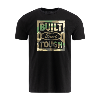 A black Ford Trucks t-shirt with camouflage pattern and the text 'BUILT Ford TOUGH' on the front.