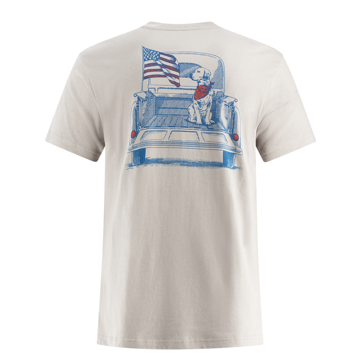 back of silver short sleeve t shirt with blue graphic of a dog on a truck and an American flag