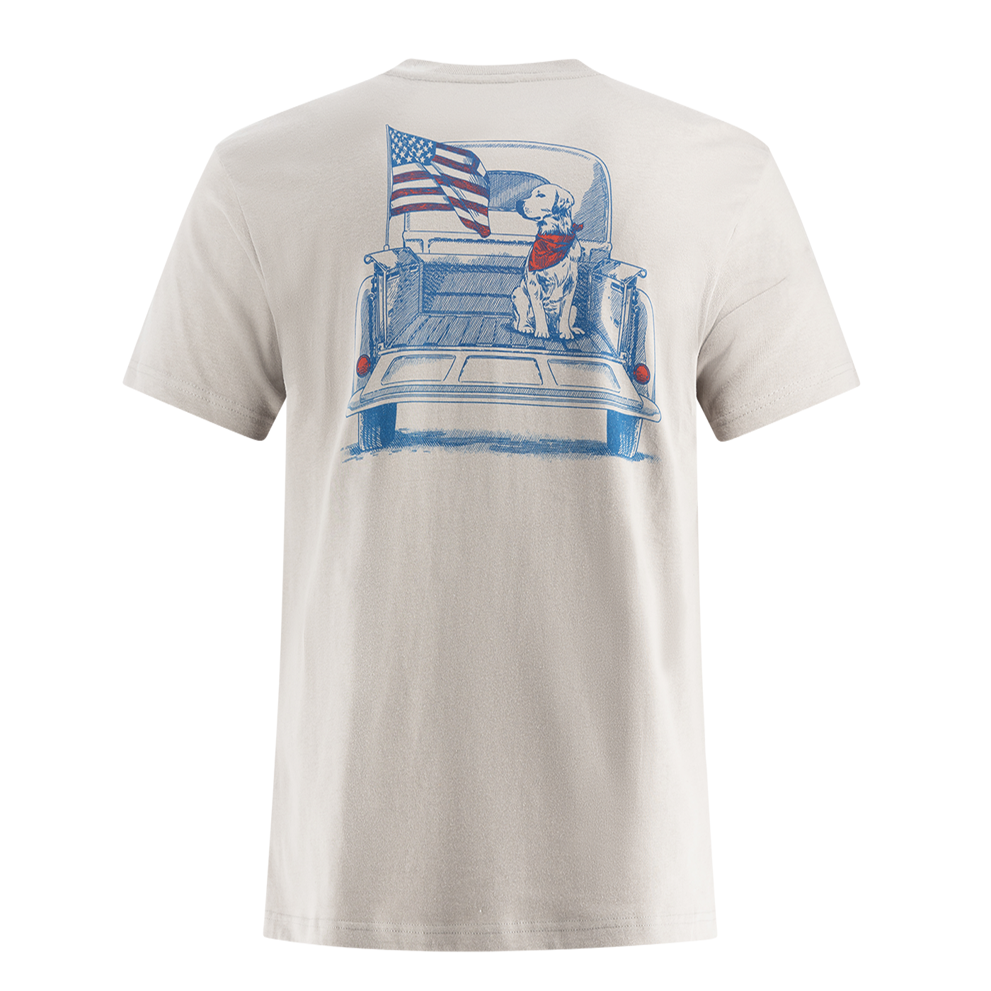 back of silver short sleeve t shirt with blue graphic of a dog on a truck and an American flag