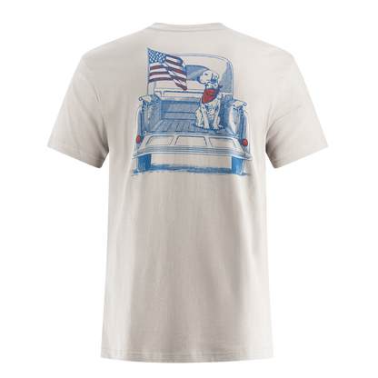 back of silver short sleeve t shirt with blue graphic of a dog on a truck and an American flag