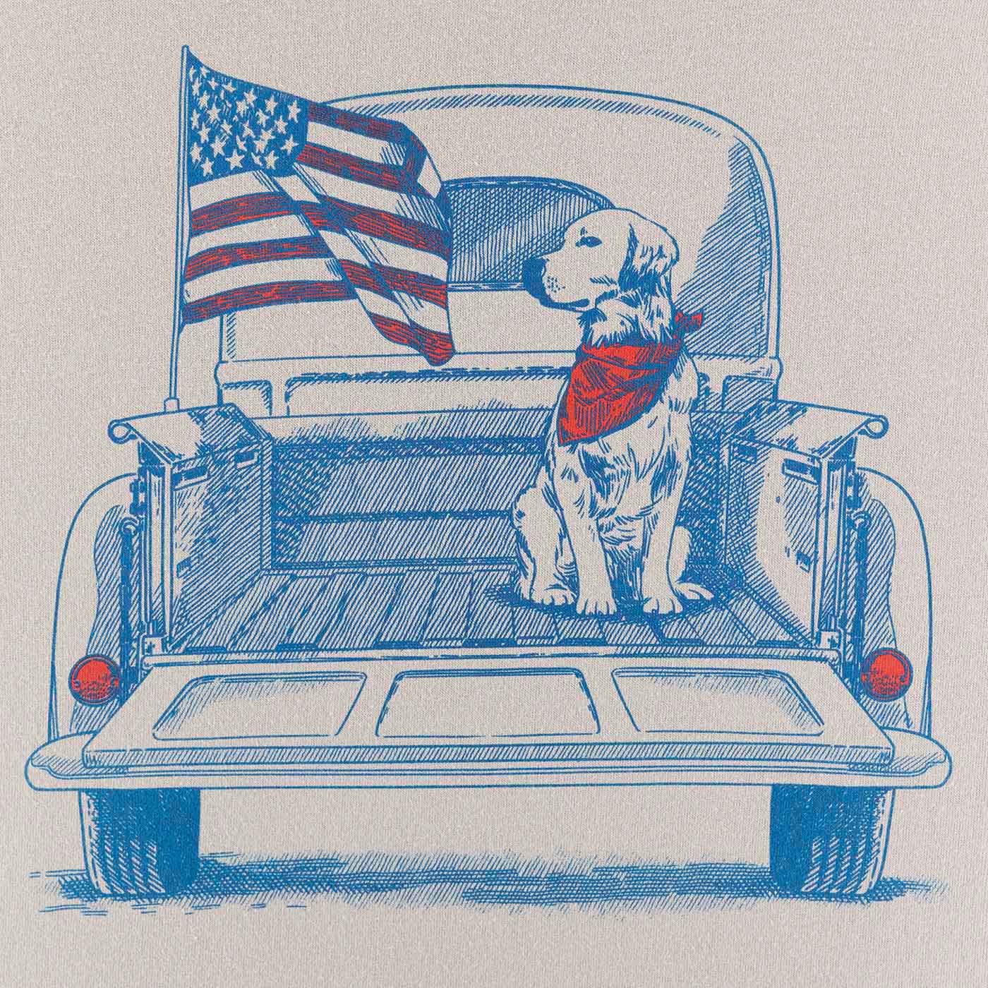 blue graphic of a dog on a truck and an American flag