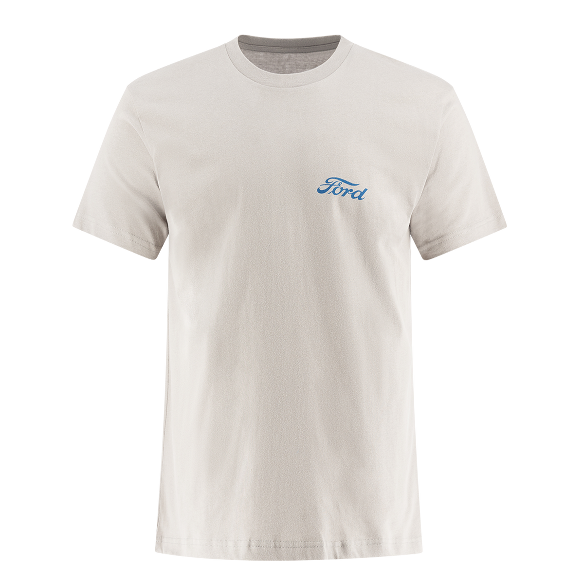 silver men's t shirt with blue "Ford" script on left front chest