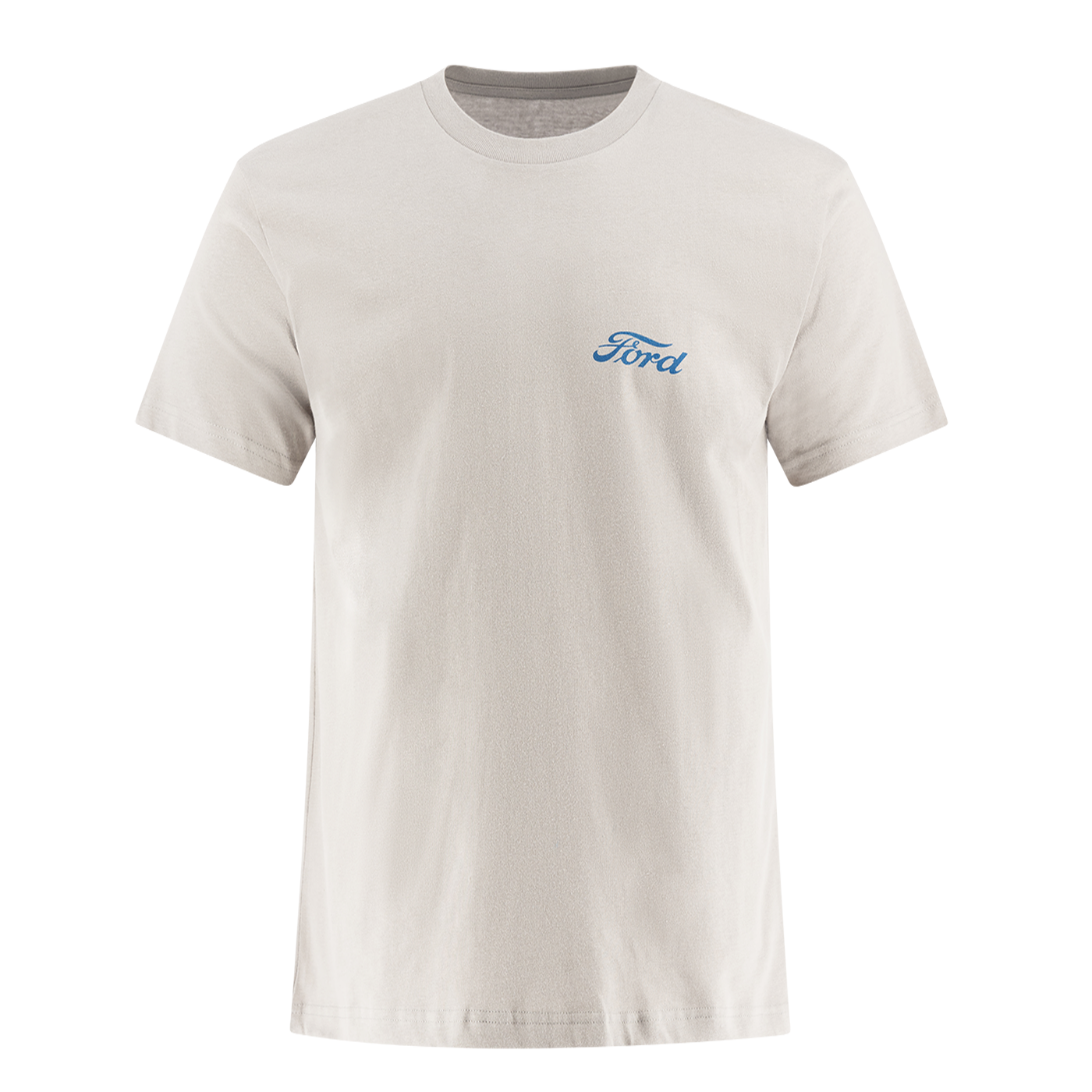 silver men's t shirt with blue "Ford" script on left front chest